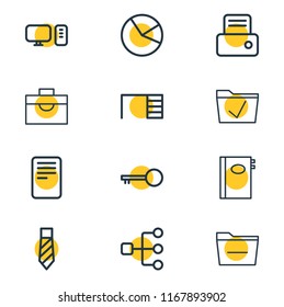 Vector illustration of 12 workplace icons line style. Editable set of notebook, minus, computer and other icon elements.