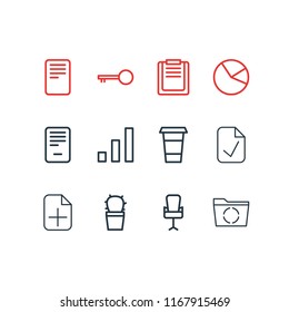 Vector illustration of 12 workplace icons line style. Editable set of add, reload, approve and other icon elements.