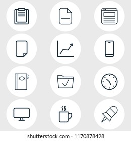 Vector illustration of 12 workplace icons line style. Editable set of browser tab, empty dossier, remove and other icon elements.