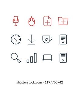 Vector illustration of 12 workplace icons line style. Editable set of deleting, search, office chair and other icon elements.