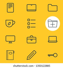Vector illustration of 12 workplace icons line style. Editable set of tea, monitor, portfolio and other icon elements.