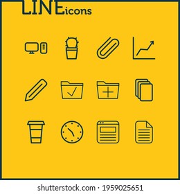 Vector illustration of 12 workplace icons line style. Editable set of graph, document, browser tab and other icon elements.