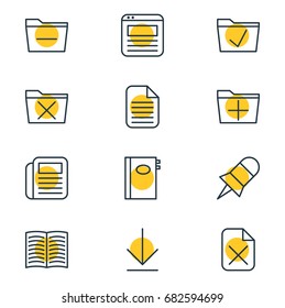 Vector Illustration Of 12 Workplace Icons. Editable Pack Of Deleting Folder, Remove, Textbook And Other Elements.