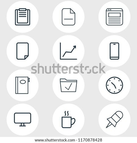 Vector illustration of 12 workplace icons line style. Editable set of browser tab, empty dossier, remove and other icon elements.