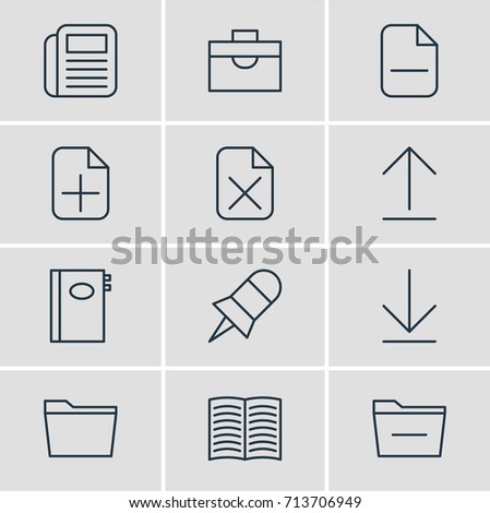 Vector Illustration Of 12 Workplace Icons. Editable Pack Of Journal, Deleting Folder, Downloading And Other Elements.