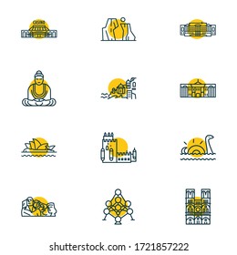 Vector illustration of 12 world landmarks icons line style. Editable set of tsarskoe selo, santorini, the grand canyon icon elements.