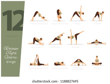 Vector illustration of 12 Yoga poses to release tight hamstrings