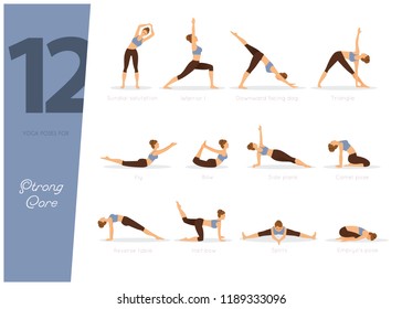 Vector Illustration Of 12 Yoga Poses For Strong Core