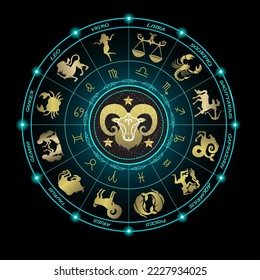 Vector illustration. 12 zodiac signs. Star symbols in a circle.