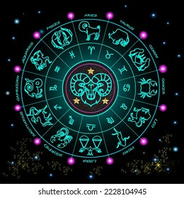 Vector illustration. 12 zodiac signs. Star symbols in a circle.