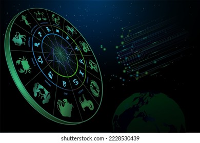 Vector illustration. 12 zodiac signs. Star symbols in a circle.