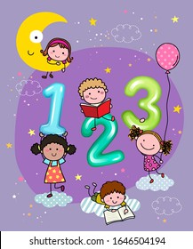 Vector illustration of 123 numbers with hand-drawn kids in the sky at night.
