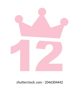 Vector illustration of 12th birthday party pink clip art icon - Number twelve with a crown