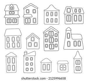 Ilustración vectorial de 13 casas esquemáticas aisladas en un fondo blanco. página Coloración, elemento para el diseño.