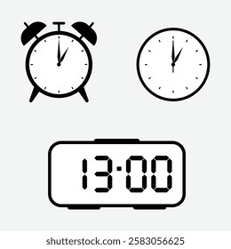 vector illustration of 13 o'clock, timer and 13 o'clock alarm