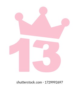 Vector illustration of 13th birthday pink icon - Number thirteen with a crown