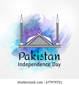 Vector illustration for 14 August Pakistan Independence day watercolor style. Famous Pakistan Mosque icon.Design template poster, banner, flyer, greeting, invitation card.Independence day.National day