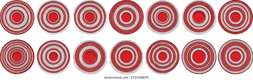 Vektorgrafik von 14 konzentrischen Kreismustern mit abwechselnden roten und schwarzen Umrissen im Rasterlayout