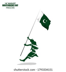 Vector Illustration for 14th August Independence day of Pakistan. Rejoicing boy jumping with Pakistan flag in hand.