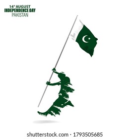 Vector Illustration for 14th August Independence day of Pakistan. Rejoicing boy jumping with Pakistan flag in hand.