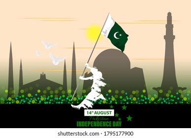 Vector Illustration for 14th August Independence day of Pakistan. Rejoicing boy jumping with Pakistan flag in hand.