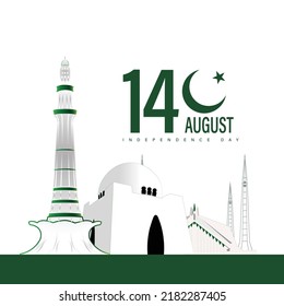 Vector Illustration for 14th August Independence day of Pakistan. Pakistan famous monuments greeting card design.