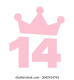 Vector illustration of 14th birthday party pink clip art icon - Number fourteen with a crown