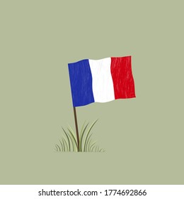 Vector illustration 14th of July Bastille Day greeting card with French flag on pole in vintage style thrust into the ground on field with grass