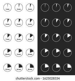 Vector illustration of 15 clock timer icons set in 2 colors. 
Minimalistic timer symbol with minutes from 1 to 15 for product labels and packaging design, cooking instructions. Black and white signs.