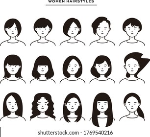 
Vector illustration of 15 different female hairstyles