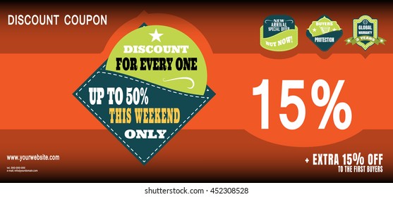 Vector illustration of 15% discount coupon for promote the mega sale for every one with labels.