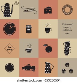 vector illustration of 15 icons of food, drink and tableware for tea party poster. Isolated on the background and easy to use for your design.