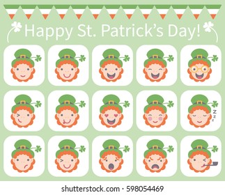 Vector illustration: 15 icons on white stickers for Saint Patrick's Day; character leprechaun head with green hat, shamrock, different emotions and smoking pipe isolated on light green background