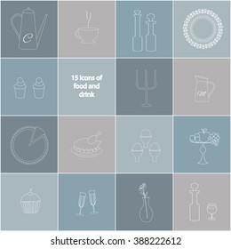 vector illustration of 15 icons of various elements of food, drink and ware;  easy to edit