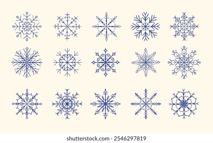 Ilustração vetorial de 15 projetos simples de flocos de neve para o ano novo - flocos de neve minimalistas e simétricos em várias formas e padrões.