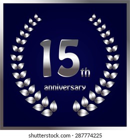 Vector illustration of 15 th anniversary. Silver laurel wreath on a blue.