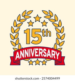 Vector illustration of 15th or 15 years anniversary logo featuring a laurel wreath, stars, and ribbon. Perfect for marking milestones, achievements, special events with an elegant and timeless design