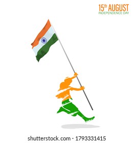 Vector Illustration for 15th August Independence day of India. Rejoicing boy jumping with Indian flag in hand.