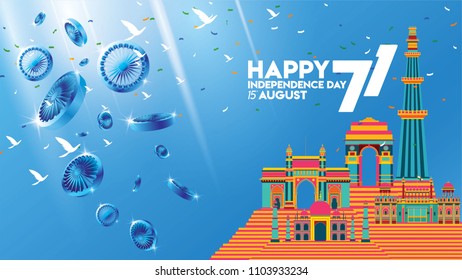 vector illustration of 15th August india Happy Independence Day. 71 years of Freedom indian