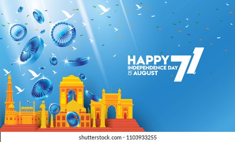 vector illustration of 15th August india Happy Independence Day. 71 years of Freedom indian