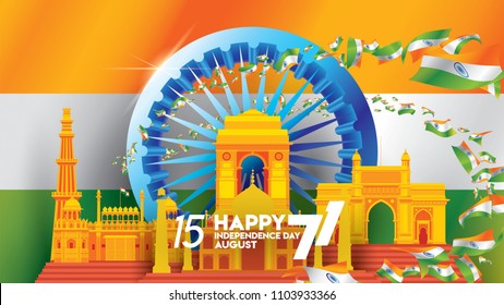 vector illustration of 15th August india Happy Independence Day. 71 years of Freedom indian