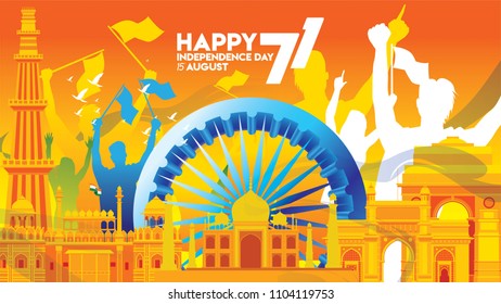 vector illustration of 15th August india Happy Independence Day. 71 years of Freedom indian
