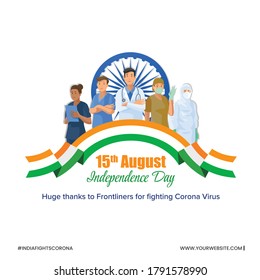 vector illustration of 15th August india Happy Independence Day. Indian Independence day with Doctors and health care workers71 years of Freedom Indian flag