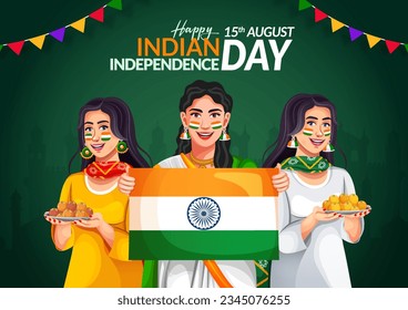 Vector illustration of 15th August India Happy Independence Day. Indian girl holding the Indian flag and greeting.