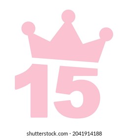 Vector illustration of 15th birthday party pink clip art icon - Number fifteen with a crown