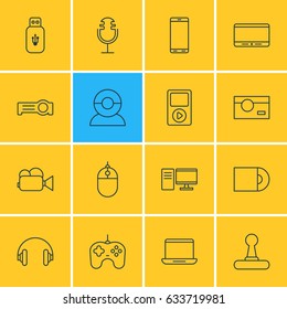 Vector Illustration Of 16 Accessory Icons. Editable Pack Of Monitor, Photography, Computer And Other Elements.