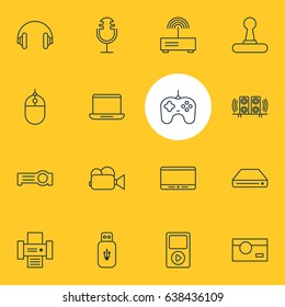 Vector Illustration Of 16 Accessory Icons. Editable Pack Of Loudspeaker, Monitor, Joypad And Other Elements.