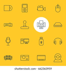 Vector Illustration Of 16 Accessory Icons. Editable Pack Of Game Controller, Sound Recording, Photocopier And Other Elements.