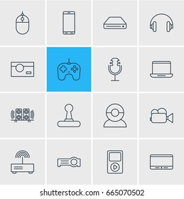 Vector Illustration Of 16 Accessory Icons. Editable Pack Of Sound Recording, Computer, Floodlight And Other Elements.