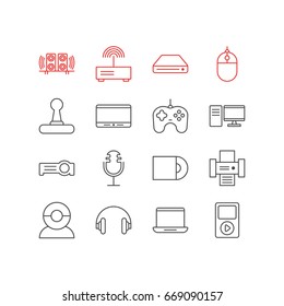Vector Illustration Of 16 Accessory Icons. Editable Pack Of PC, Media Controller, Sound Recording And Other Elements.